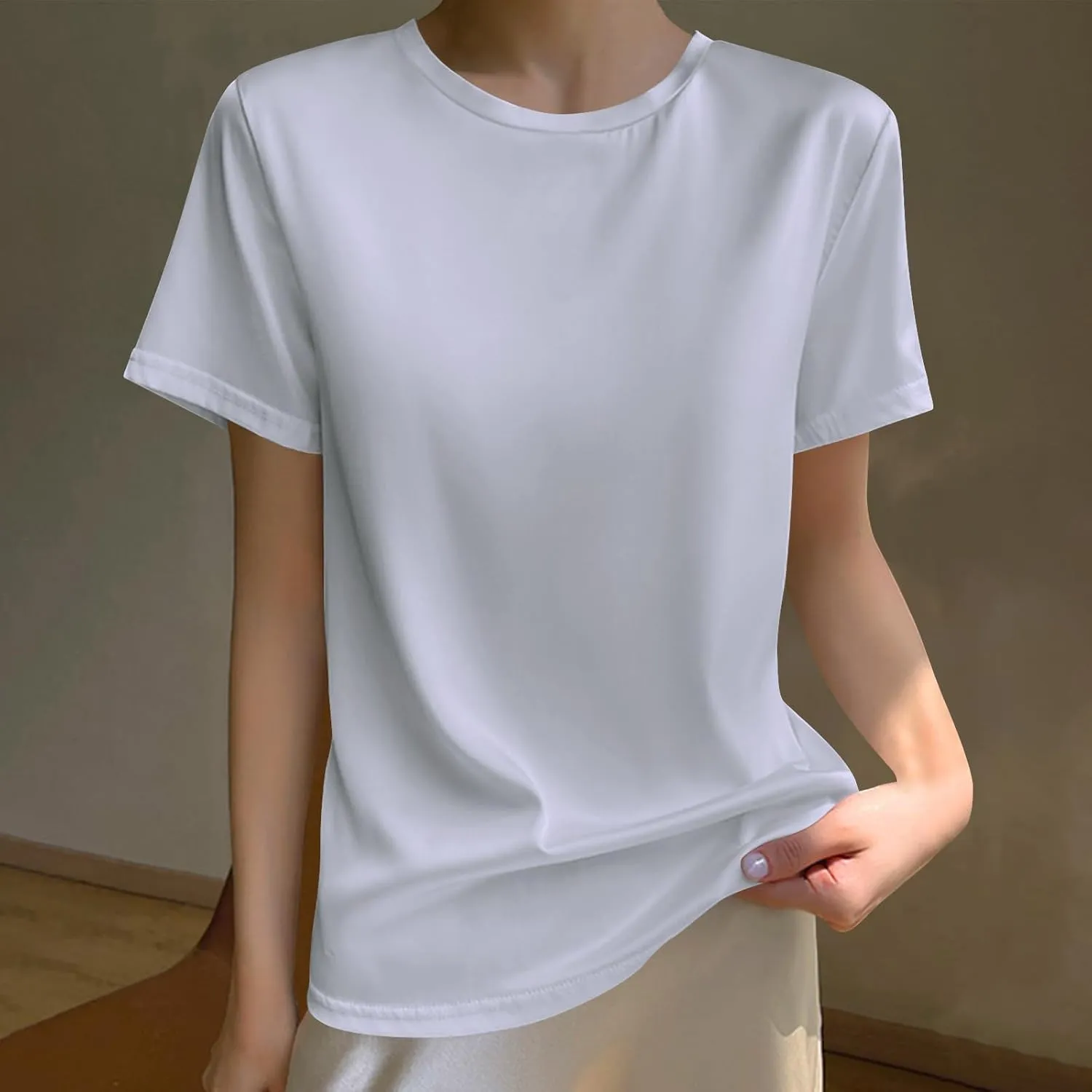 Women's Silk Satin Tops Crewneck Short Sleeve Tee Shirt Casual Party Tee Shirt