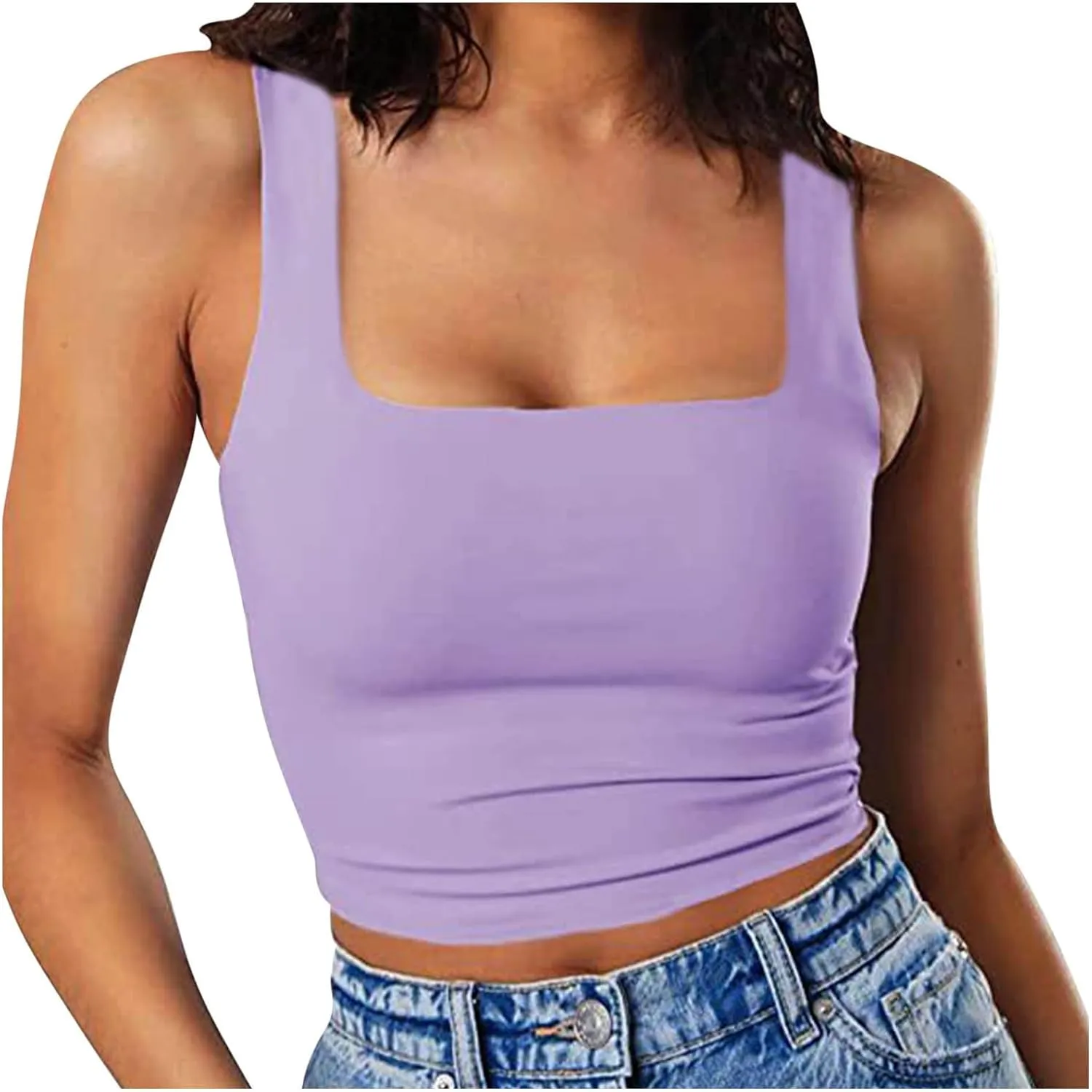 Women's Sleeveless Square Neck Sports Tank, Summer Elastic Slim Fit Athletic Workout Crop Cami Comfy Breathable Tops