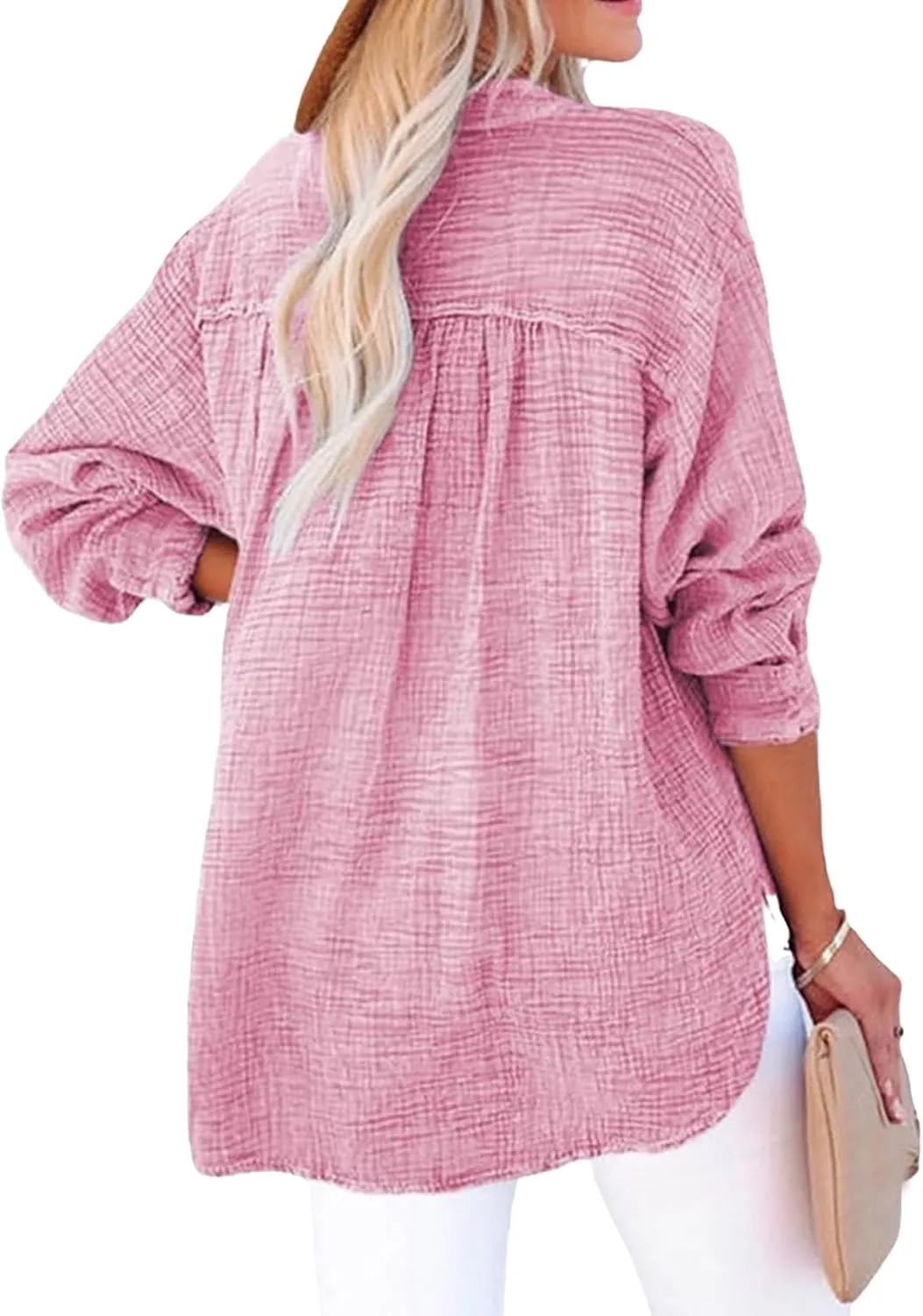 Womens Summer Tops Casual Button V Neck Long Sleeve Shirts Loose Pullover Tops Oversized Blouses Lightweight Gauze Top