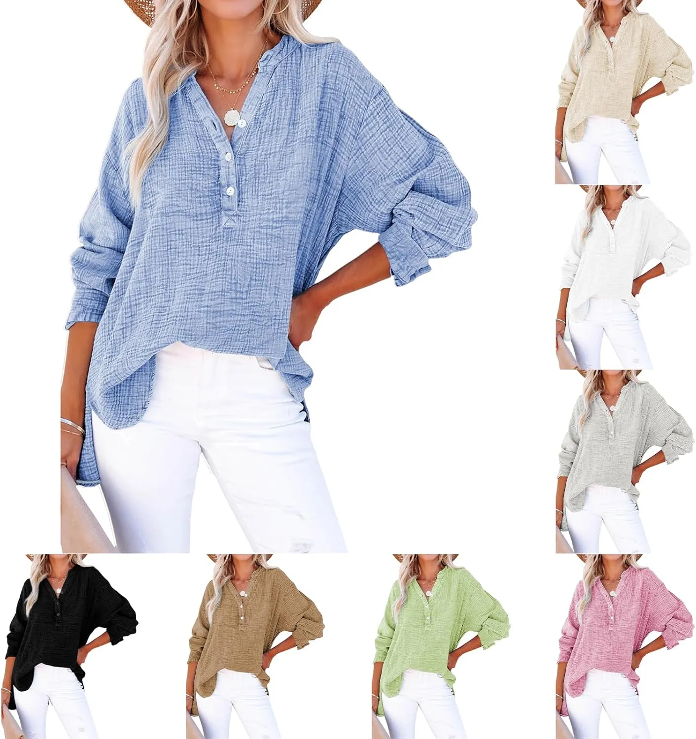 Womens Summer Tops Casual Button V Neck Long Sleeve Shirts Loose Pullover Tops Oversized Blouses Lightweight Gauze Top