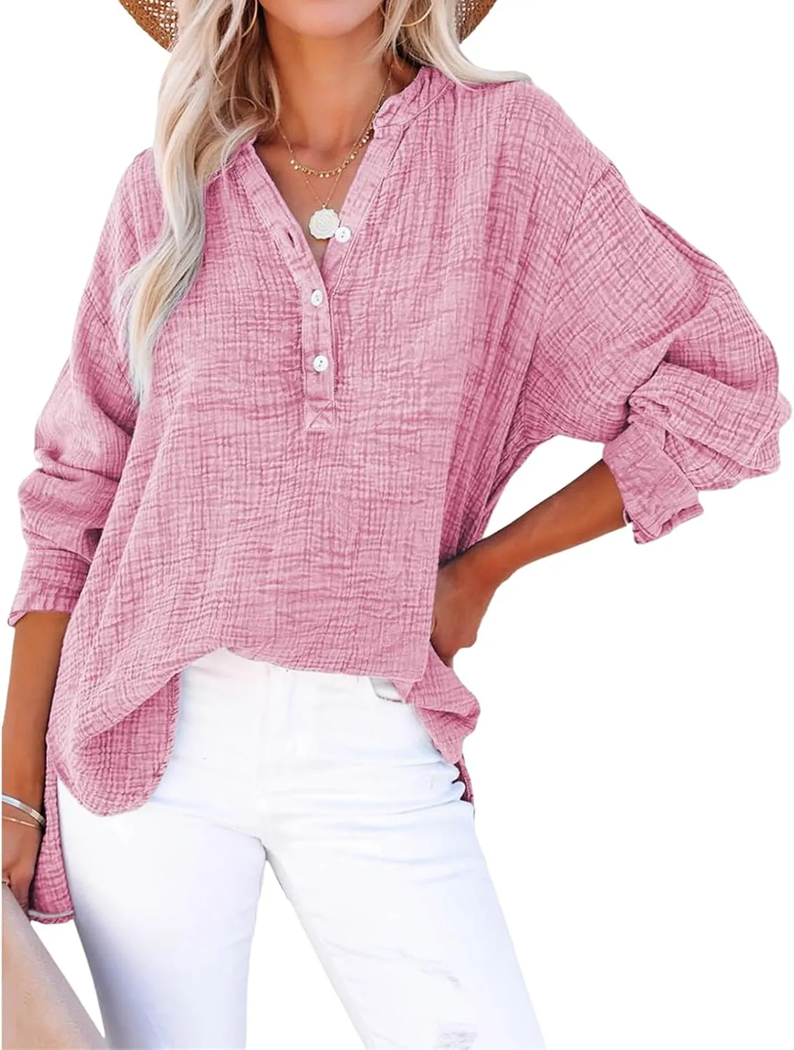 Womens Summer Tops Casual Button V Neck Long Sleeve Shirts Loose Pullover Tops Oversized Blouses Lightweight Gauze Top
