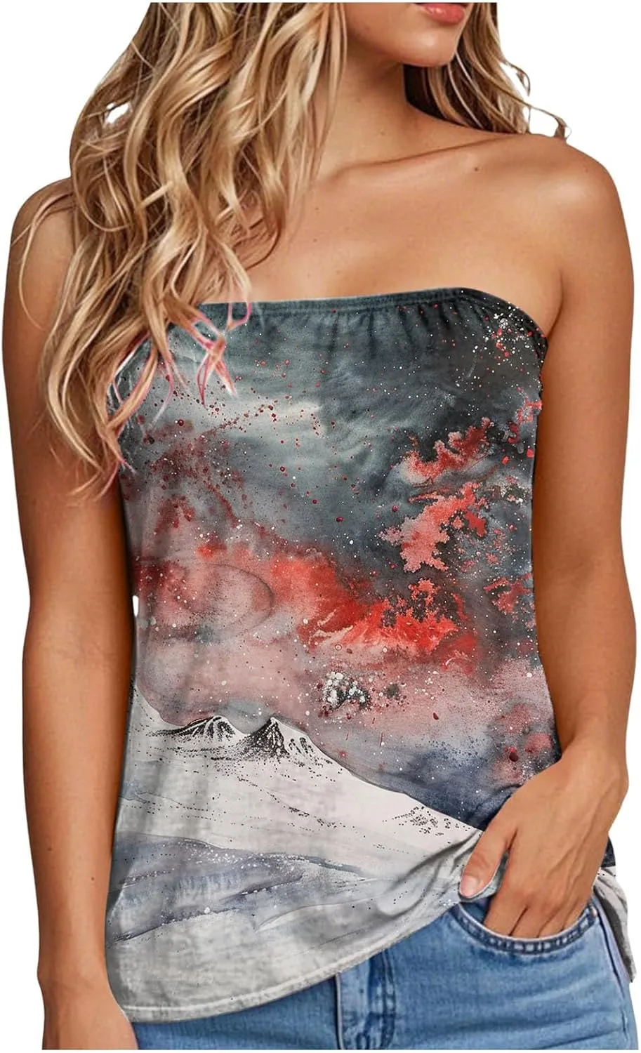 Womens Tube Tops Summer Strapless Bandeau Casual Loose Tunic Sleeveless Shirts Off The Shoulder Flowy Blouses