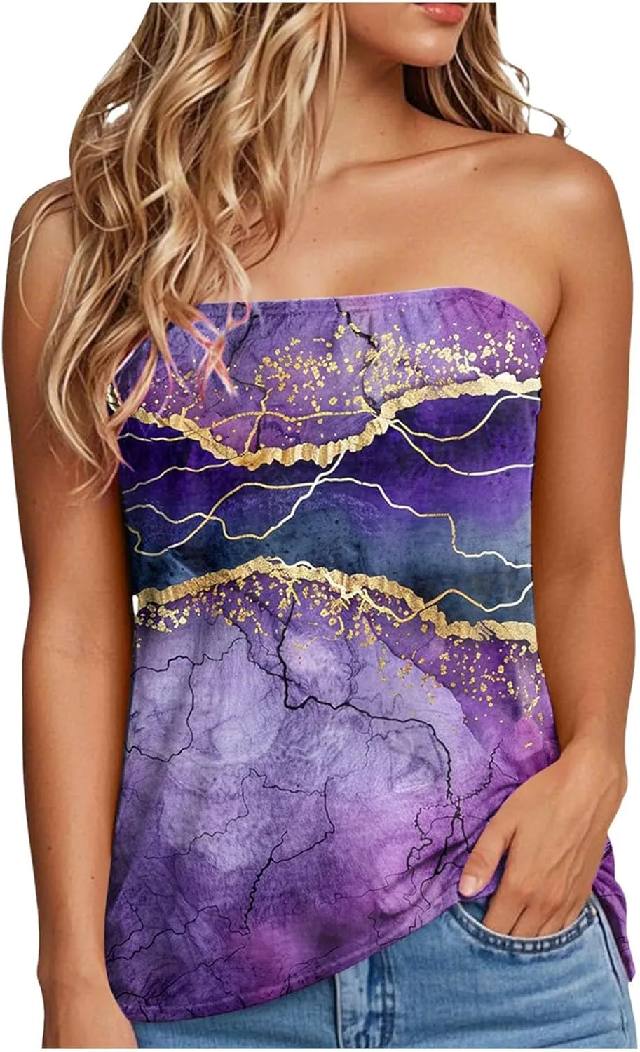 Womens Tube Tops Summer Strapless Bandeau Casual Loose Tunic Sleeveless Shirts Off The Shoulder Flowy Blouses