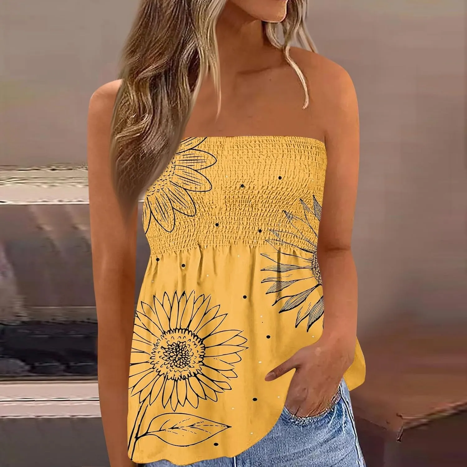 Womens Tube Tops Summer Strapless Bandeau Tank Casual Loose Tunic Sleeveless Shirts Off the Shoulder Flowy Blouses