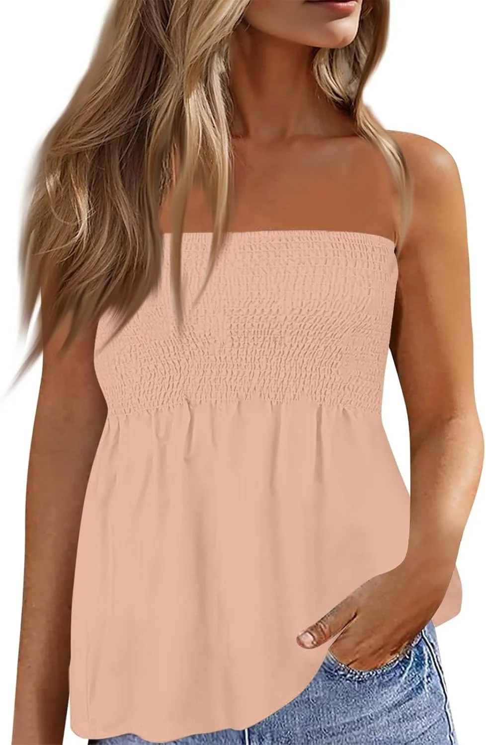 Womens Tube Tops Summer Strapless Bandeau Tank Casual Loose Tunic Sleeveless Shirts Off the Shoulder Flowy Blouses