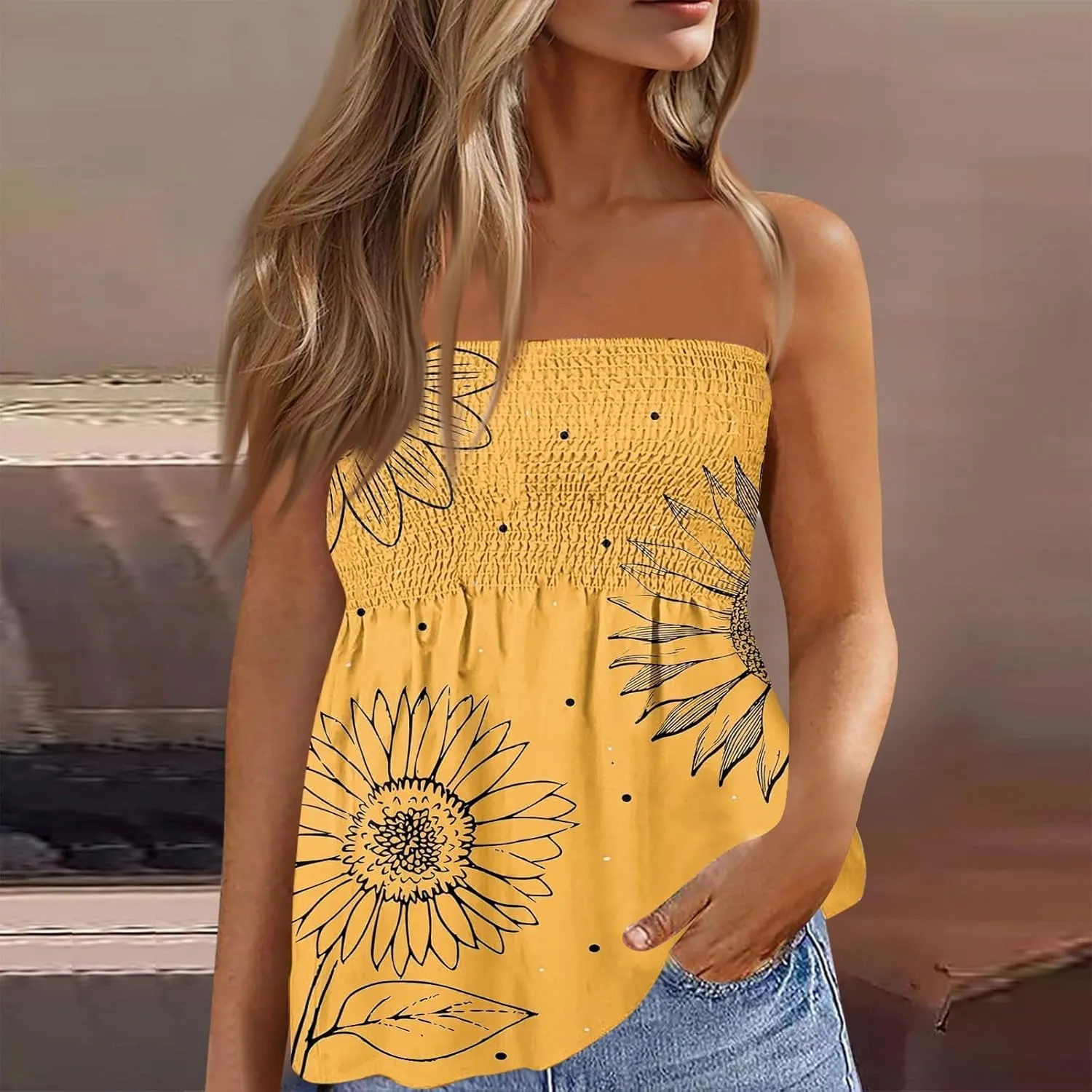 Womens Tube Tops Summer Strapless Bandeau Tank Casual Loose Tunic Sleeveless Shirts Off the Shoulder Flowy Blouses