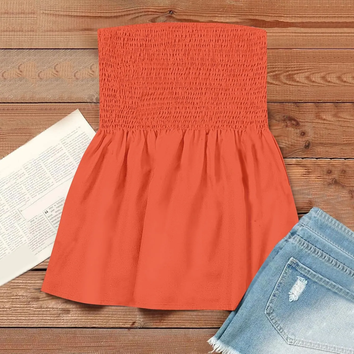 Womens Tube Tops Summer Strapless Bandeau Tank Casual Loose Tunic Sleeveless Shirts Off the Shoulder Flowy Blouses