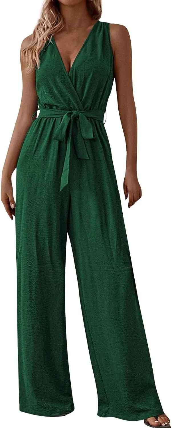 Women's V-Neck Jumpsuit Slimming Elegantes Summer Jumpers 1 Piece Outfits Comfortable Tropical Rompers with Pockets