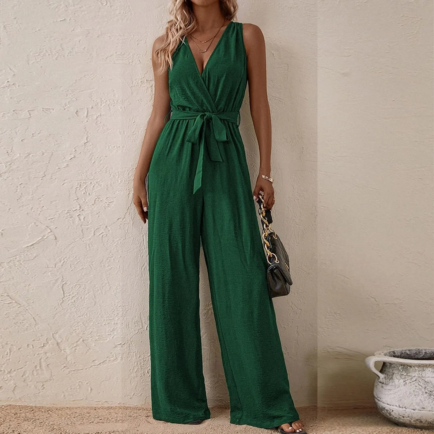 Women's V-Neck Jumpsuit Slimming Elegantes Summer Jumpers 1 Piece Outfits Comfortable Tropical Rompers with Pockets
