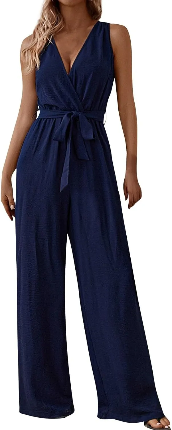 Women's V-Neck Jumpsuit Slimming Elegantes Summer Jumpers 1 Piece Outfits Comfortable Tropical Rompers with Pockets
