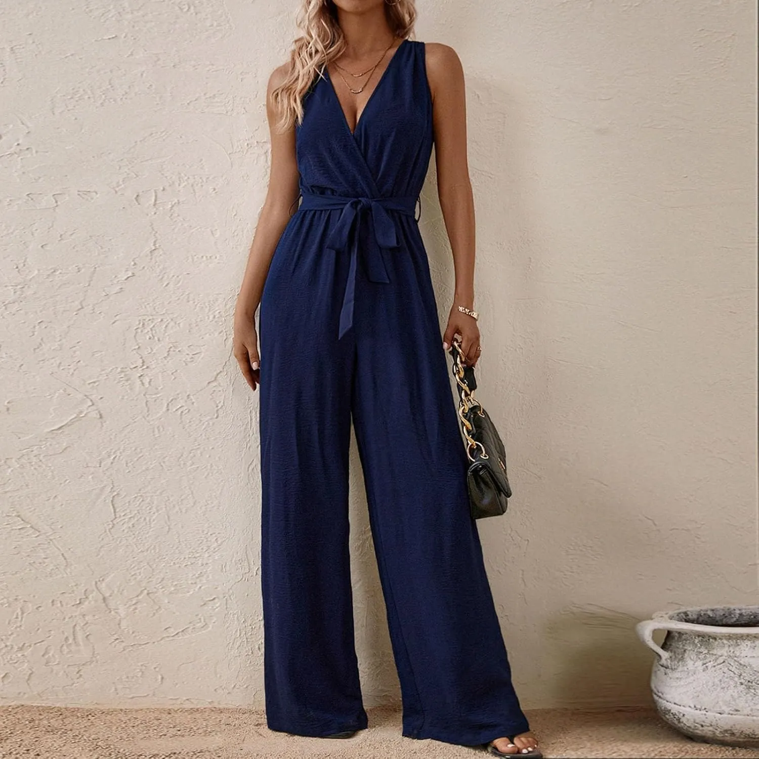 Women's V-Neck Jumpsuit Slimming Elegantes Summer Jumpers 1 Piece Outfits Comfortable Tropical Rompers with Pockets