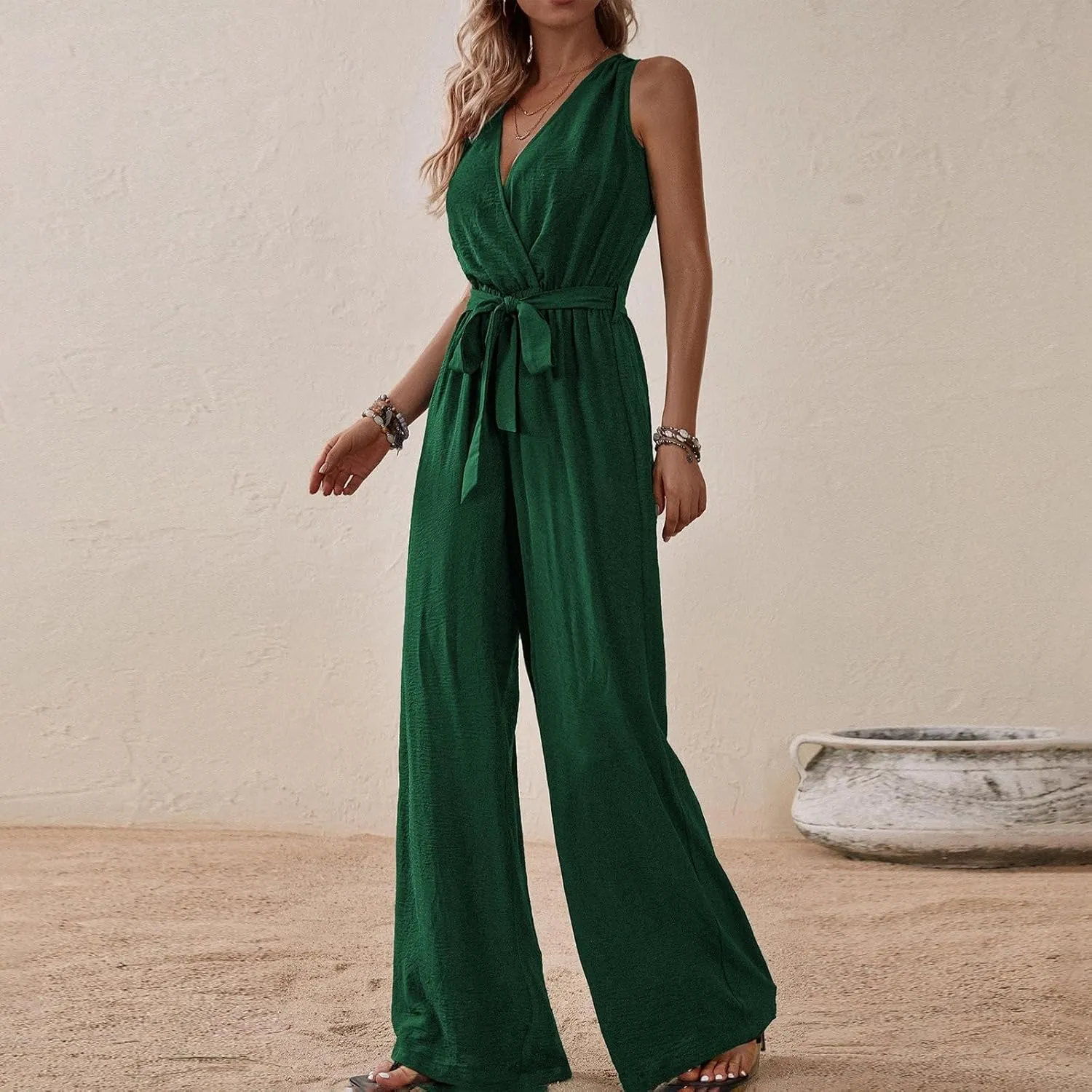 Women's V-Neck Jumpsuit Slimming Elegantes Summer Jumpers 1 Piece Outfits Comfortable Tropical Rompers with Pockets