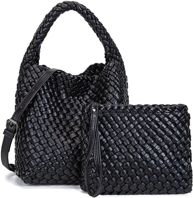 Woven Shoulder Bag for Women Leather Braided Purse Woven Bucket Bag Weave Hobo Womens Purse and Wallet set