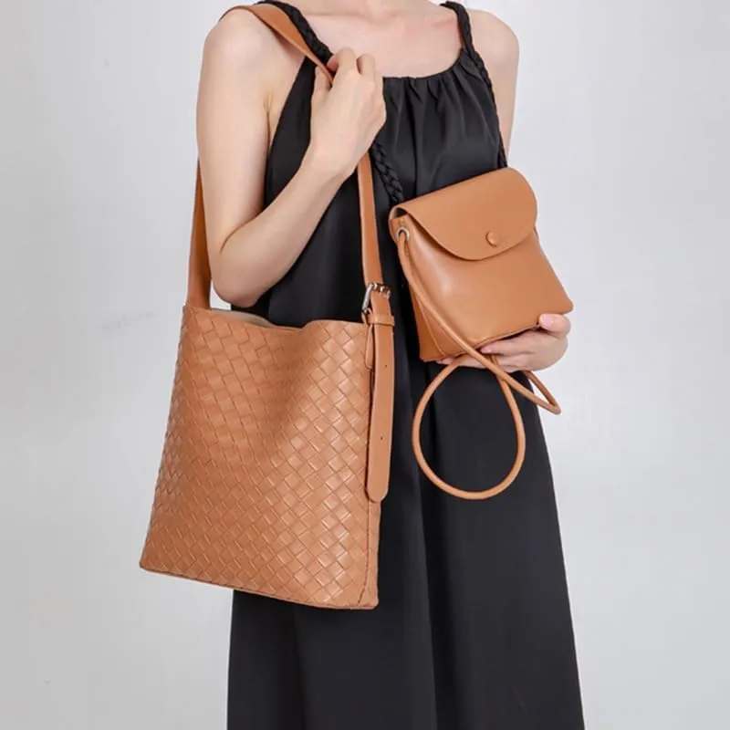 Woven Shoulder Bag for Women Trendy Bucket Bag Leather Underarm Hobo Purse and Wallet Combo Handbags Woven Tote Set