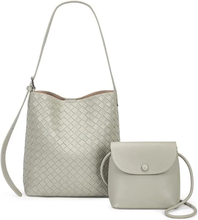 Woven Shoulder Bag for Women Trendy Bucket Bag Leather Underarm Hobo Purse and Wallet Combo Handbags Woven Tote Set