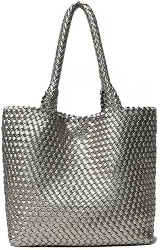 Woven Tote Bag for Women Leather Braided Purse Set Woven Shoulder Bucket Bag Purse Wallet Combo
