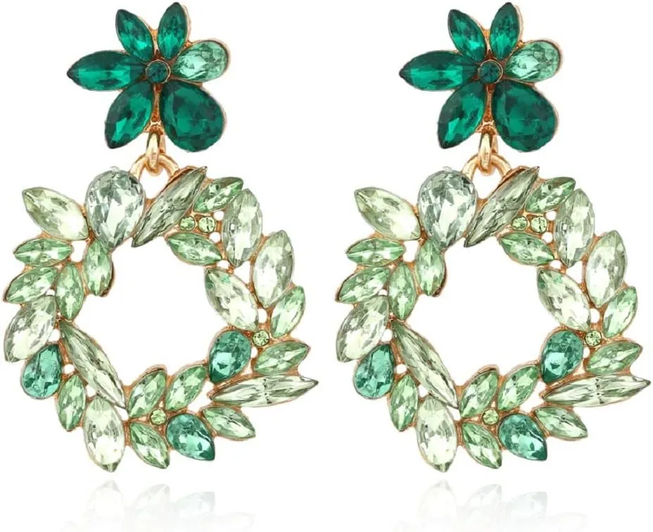 Wreath Earrings for Women, Flower Leaf Cluster Earrings for Womens, Plant Floral Leaf Statement Dangle Earrings Hypoallergenic, Green Flower Leaf Drop Earrings, Zinc, No Gemstone