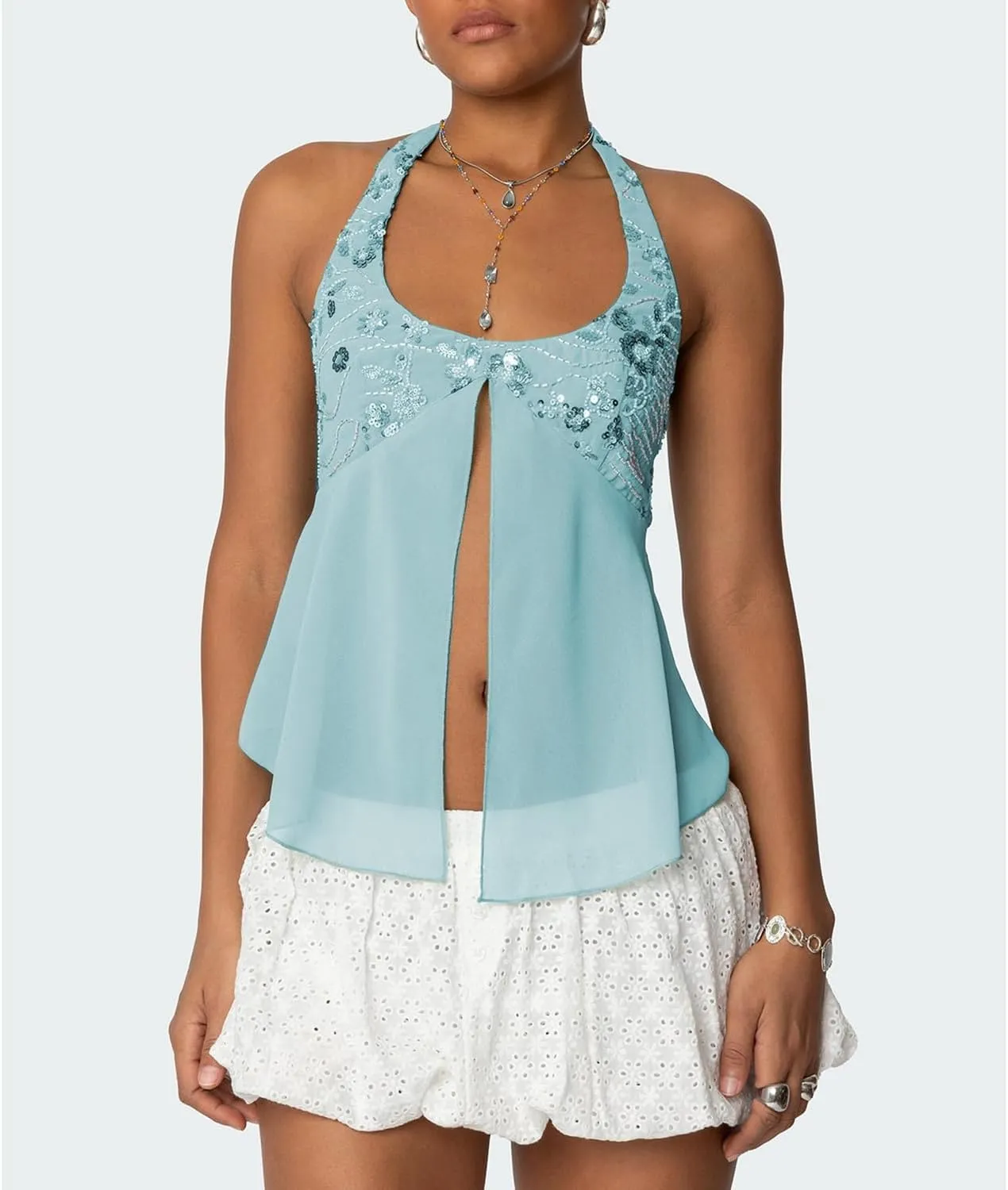 Y2K Sequin Cami Top Women Sexy V Neck Criss Cross Straps Backless Tank Top Sparkly Open Back Tie Up Crop Tops