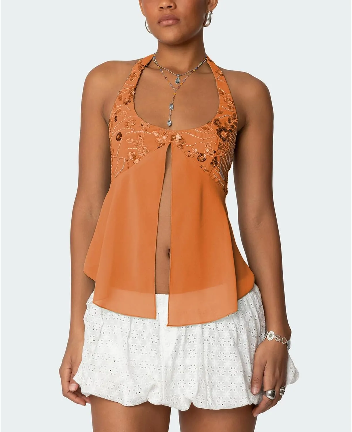 Y2K Sequin Cami Top Women Sexy V Neck Criss Cross Straps Backless Tank Top Sparkly Open Back Tie Up Crop Tops