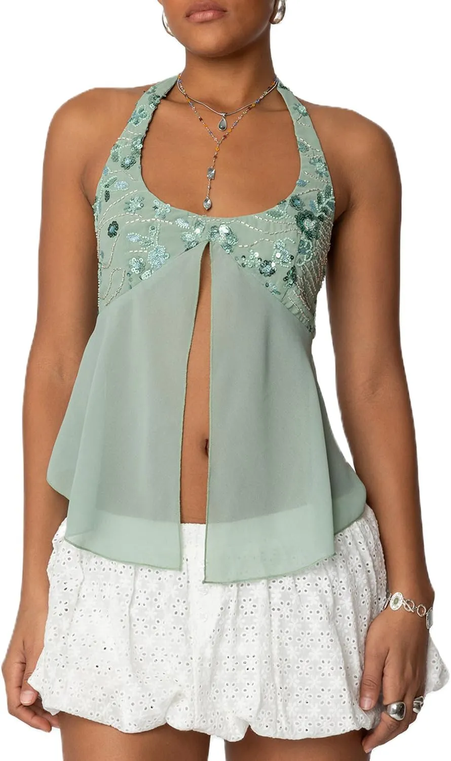 Y2K Sequin Cami Top Women Sexy V Neck Criss Cross Straps Backless Tank Top Sparkly Open Back Tie Up Crop Tops