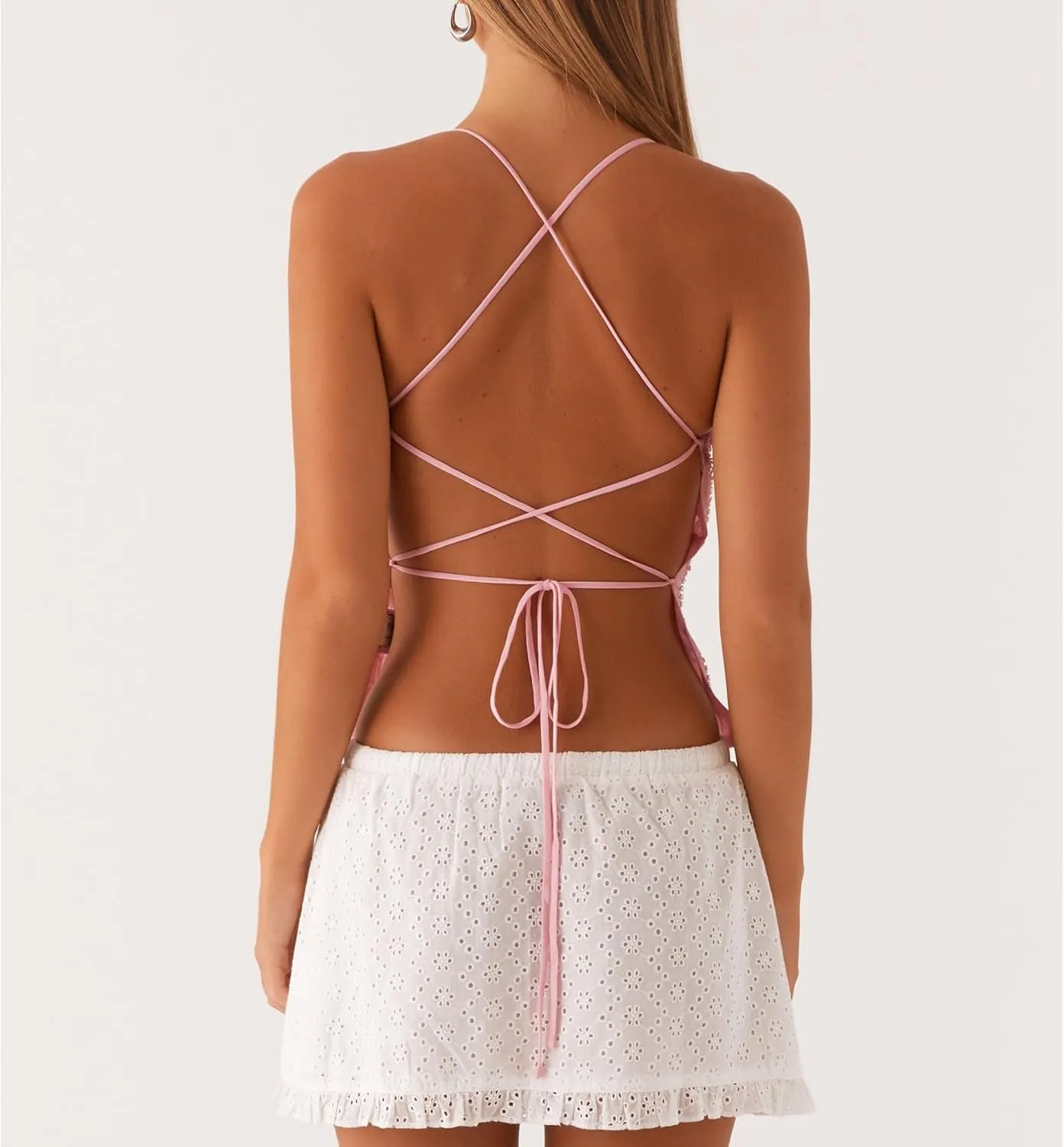 Y2K Sequin Cami Top Women Sexy V Neck Criss Cross Straps Backless Tank Top Sparkly Open Back Tie Up Crop Tops