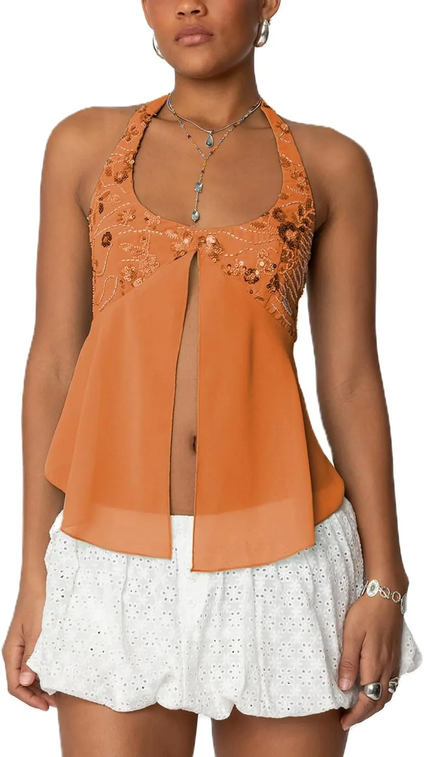 Y2K Sequin Cami Top Women Sexy V Neck Criss Cross Straps Backless Tank Top Sparkly Open Back Tie Up Crop Tops