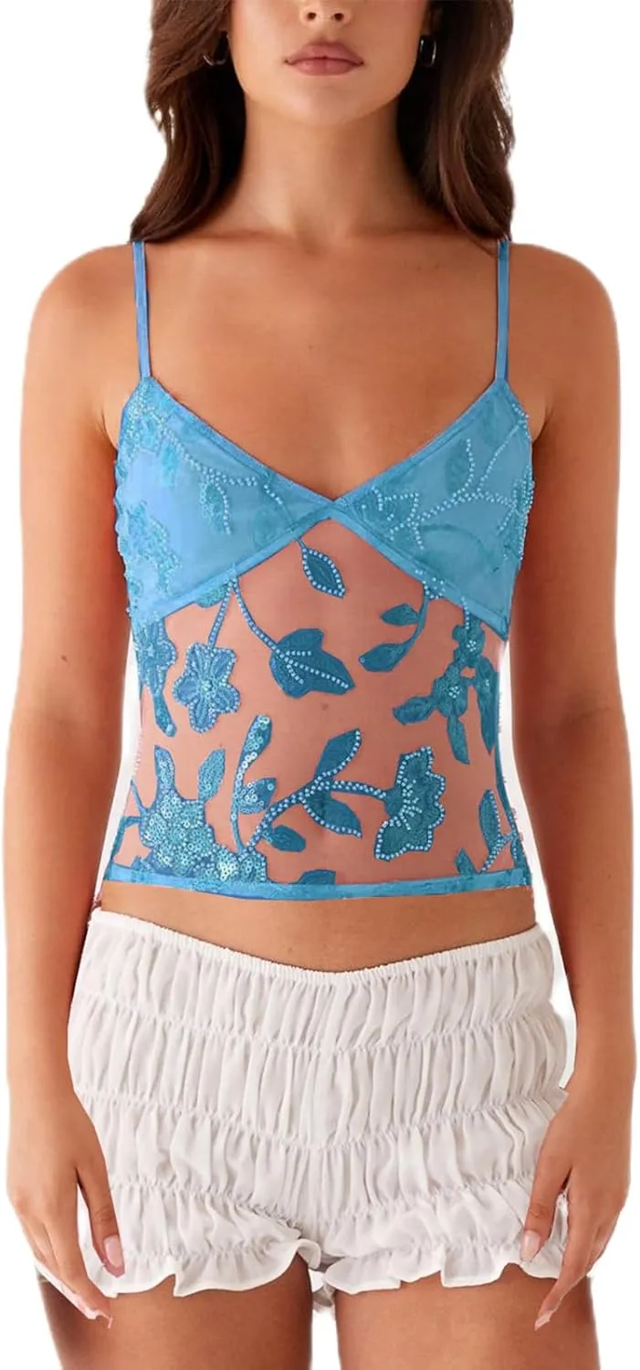 Y2K Sequin Cami Top Women Sexy V Neck Criss Cross Straps Backless Tank Top Sparkly Open Back Tie Up Crop Tops