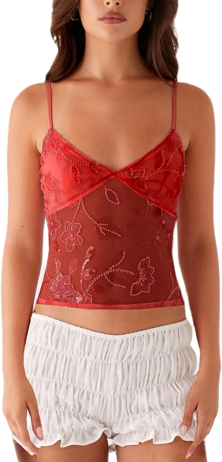 Y2K Sequin Cami Top Women Sexy V Neck Criss Cross Straps Backless Tank Top Sparkly Open Back Tie Up Crop Tops