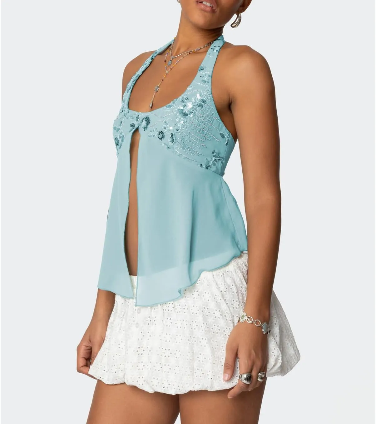 Y2K Sequin Cami Top Women Sexy V Neck Criss Cross Straps Backless Tank Top Sparkly Open Back Tie Up Crop Tops