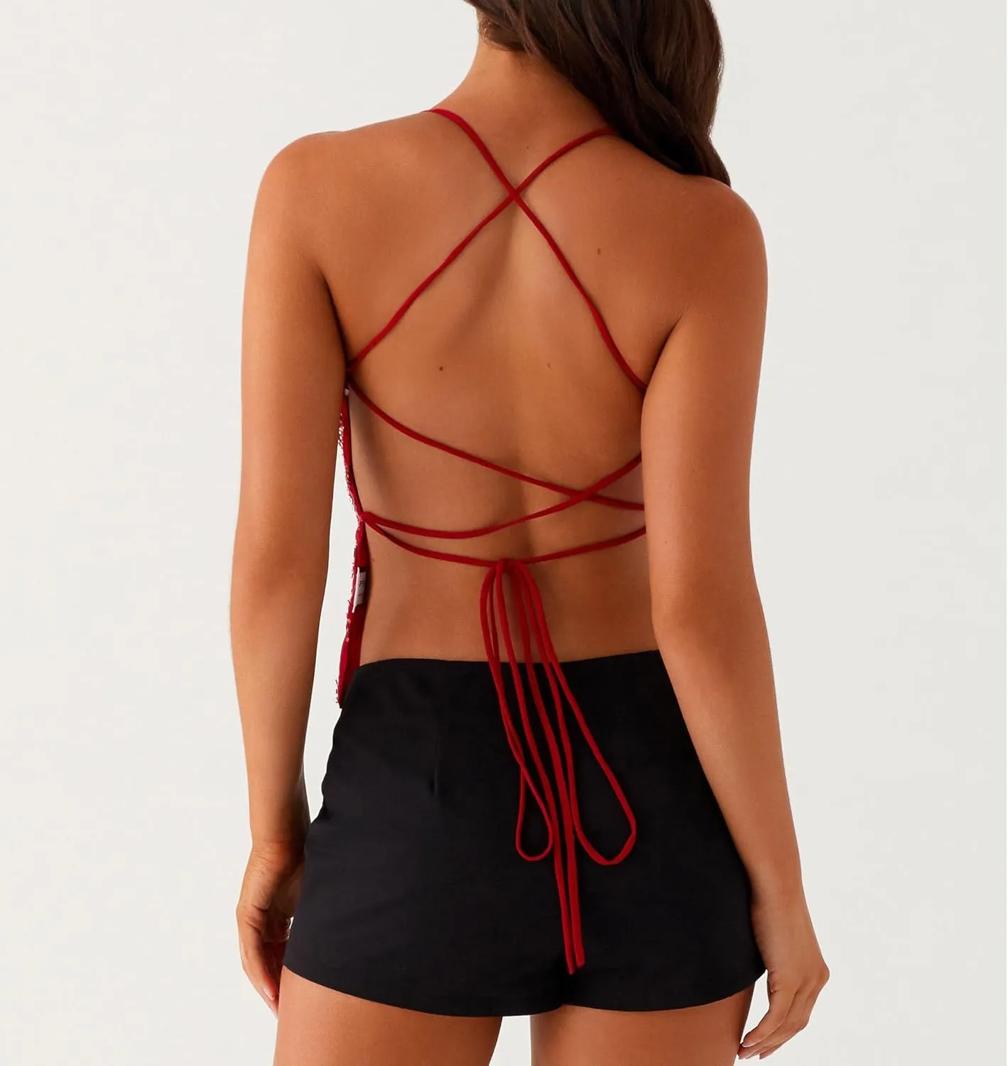 Y2K Sequin Cami Top Women Sexy V Neck Criss Cross Straps Backless Tank Top Sparkly Open Back Tie Up Crop Tops