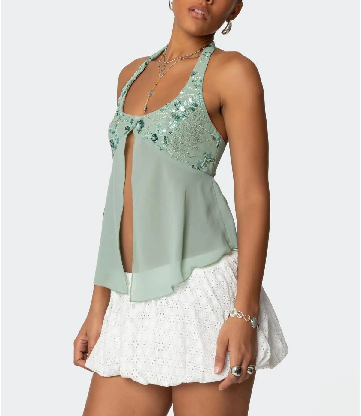 Y2K Sequin Cami Top Women Sexy V Neck Criss Cross Straps Backless Tank Top Sparkly Open Back Tie Up Crop Tops