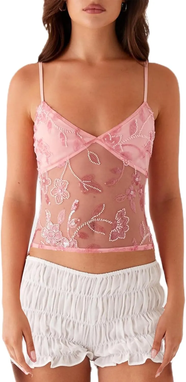 Y2K Sequin Cami Top Women Sexy V Neck Criss Cross Straps Backless Tank Top Sparkly Open Back Tie Up Crop Tops