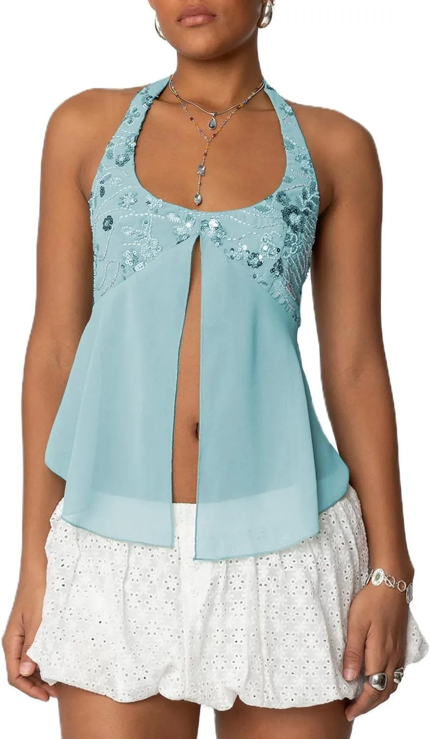 Y2K Sequin Cami Top Women Sexy V Neck Criss Cross Straps Backless Tank Top Sparkly Open Back Tie Up Crop Tops