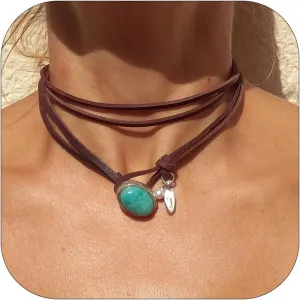 YANCHUN Boho Necklace Brown Leather Choker Necklaces Layered Turquoise Circular Tablet Choker Necklaces Jewelry for Women Girls