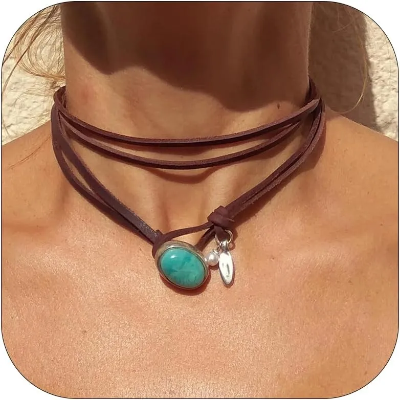 YANCHUN Boho Necklace Brown Leather Choker Necklaces Layered Turquoise Circular Tablet Choker Necklaces Jewelry for Women Girls