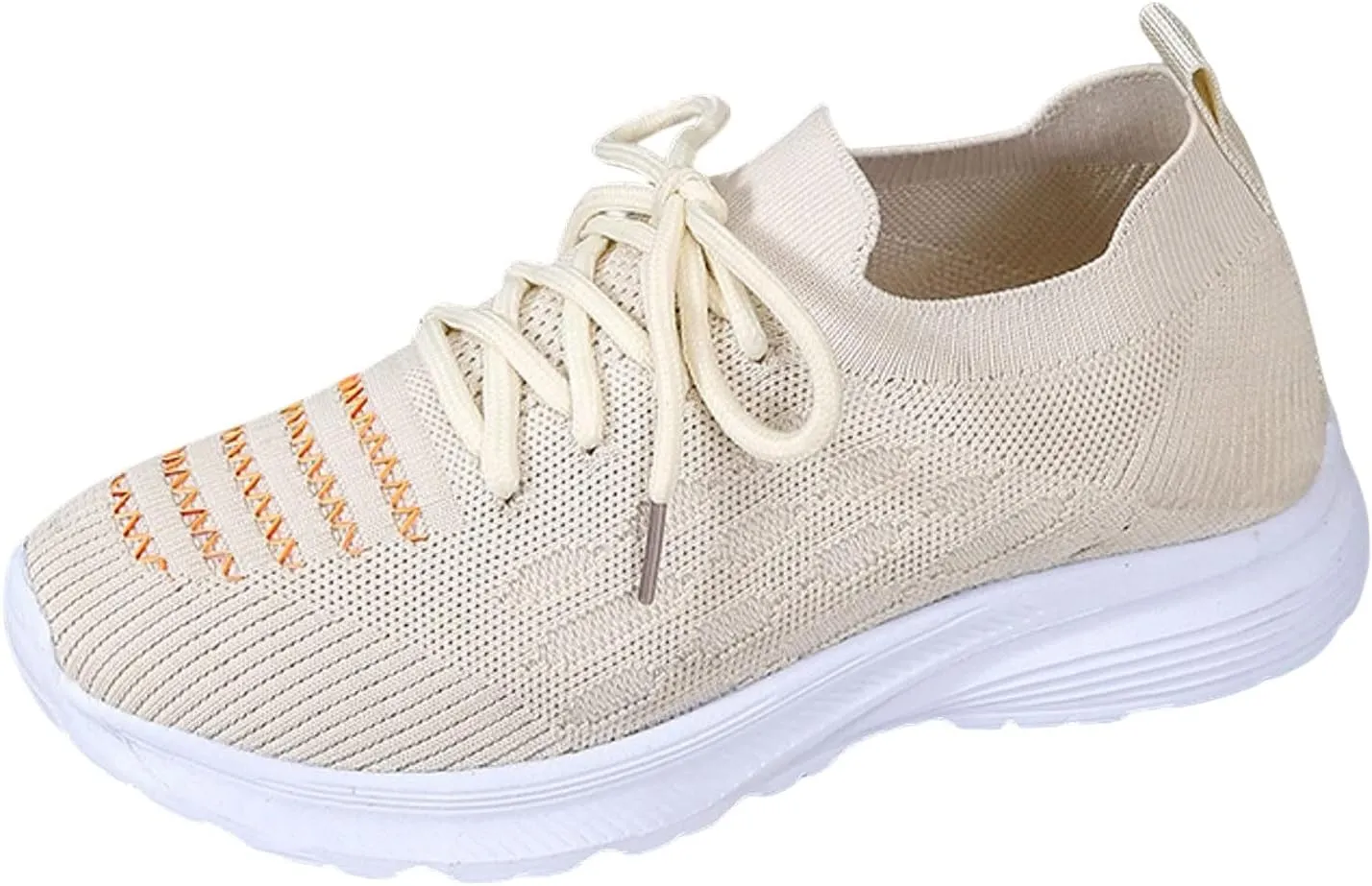 Yellow Women's SpSummer Sports Shoes Flat Bottom Lightweight Bow Tie Woven Mesh Breathable Embroidered Stripes Comfortable Clinic Shoes Women 37 (6 UK Beige)