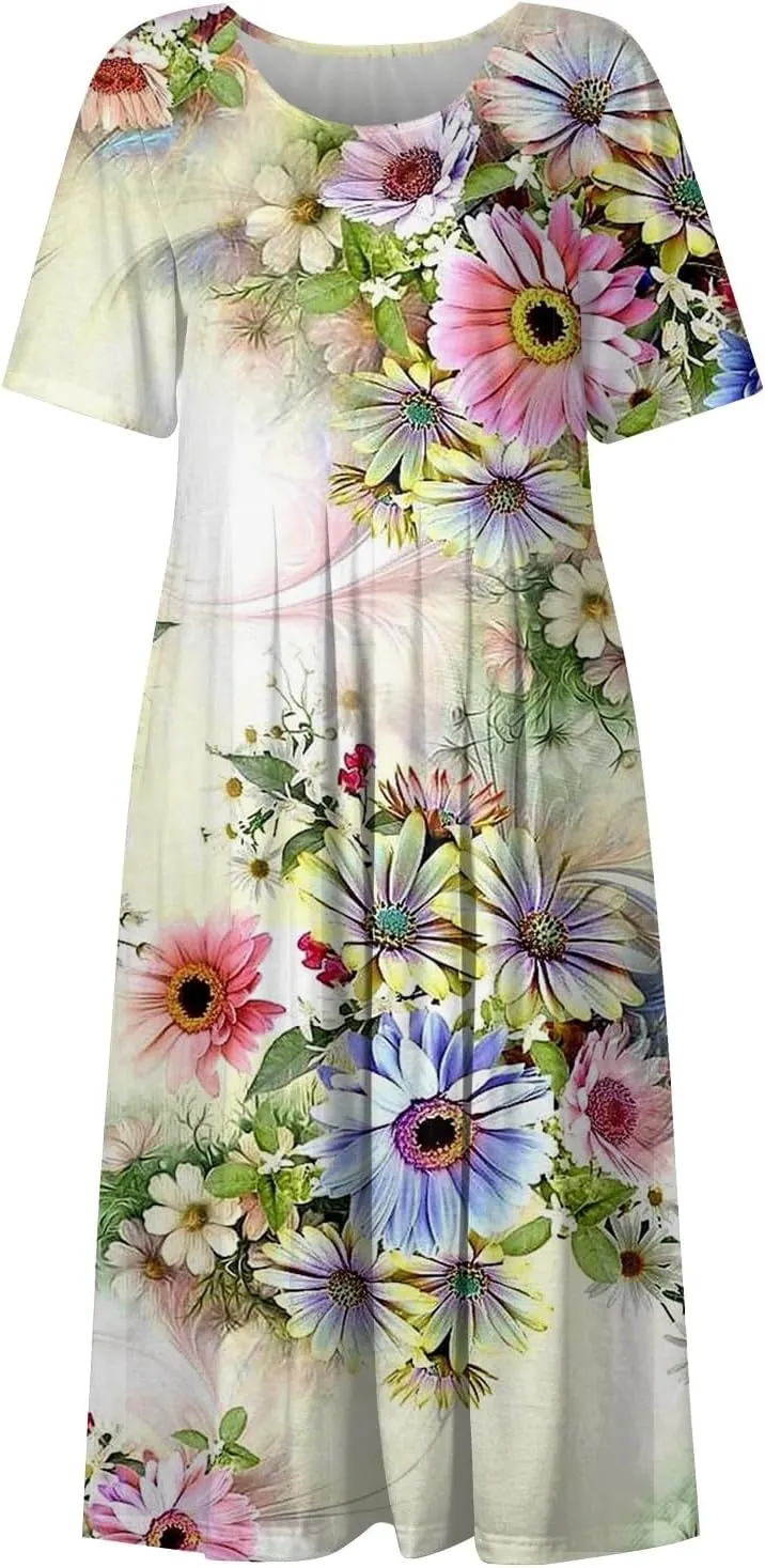 Yesunpxs Summer Dresses for Women Floral Print Loose Sundresses Short Sleeves Round Neck Beach Dress Casual Maxi Dress with