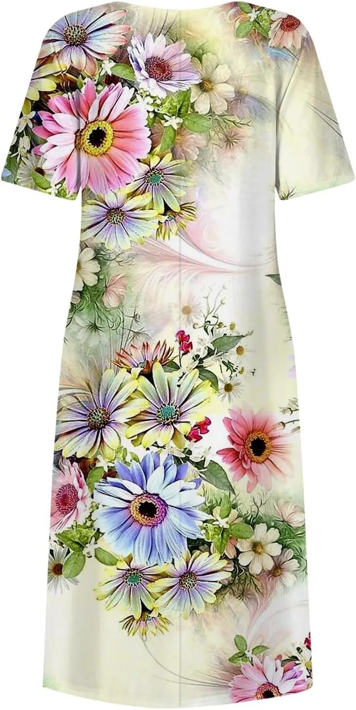Yesunpxs Summer Dresses for Women Floral Print Loose Sundresses Short Sleeves Round Neck Beach Dress Casual Maxi Dress with