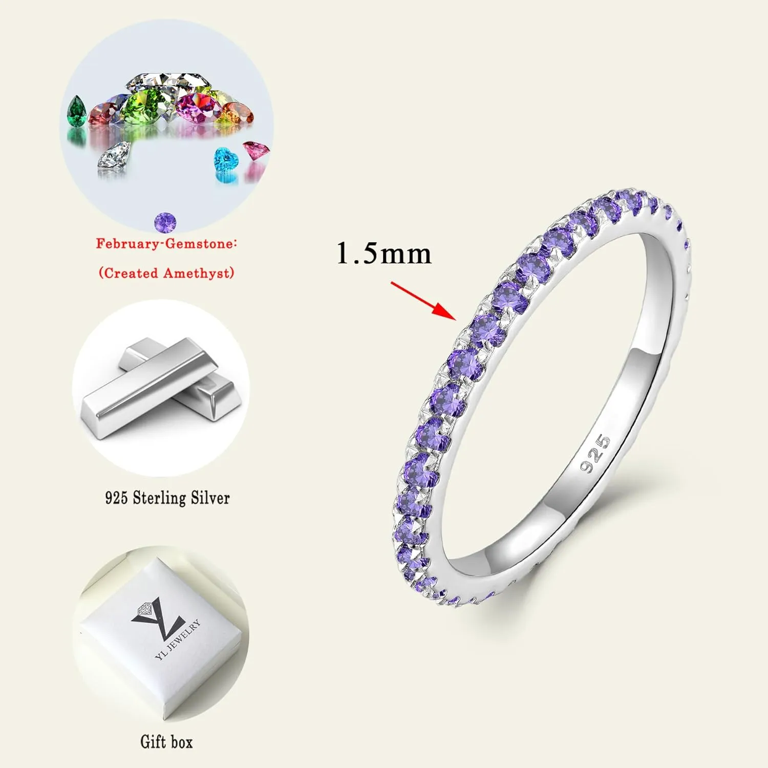 YL Stackable Ring 925 Sterling Silver Stacked Rings 1.5mm Birthstone Eternity Bands for Women