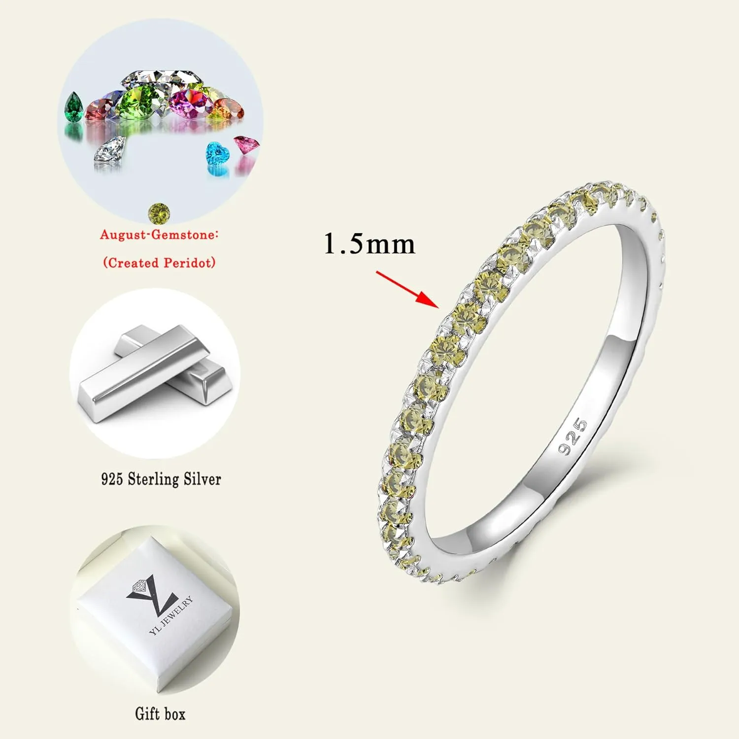 YL Stackable Ring 925 Sterling Silver Stacked Rings 1.5mm Birthstone Eternity Bands for Women