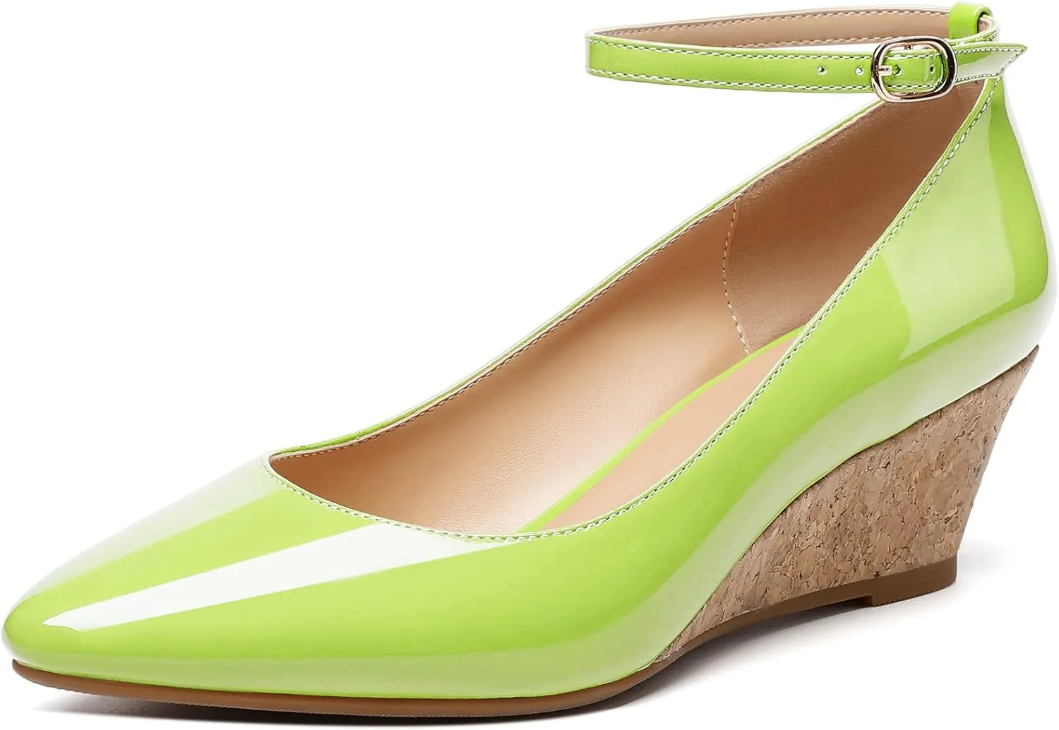 YODEKS Women's Wedge Pump Mid Heel Mary Jane Pointed Toe Shoes with Ankle Strap for Evening Party Dress Casual