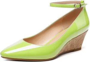 YODEKS Women's Wedge Pump Mid Heel Mary Jane Pointed Toe Shoes with Ankle Strap for Evening Party Dress Casual