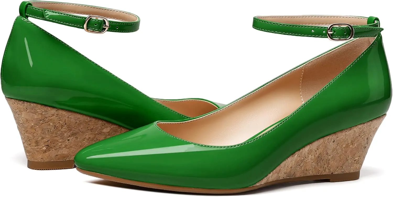 YODEKS Women's Wedge Pump Mid Heel Mary Jane Pointed Toe Shoes with Ankle Strap for Evening Party Dress Casual