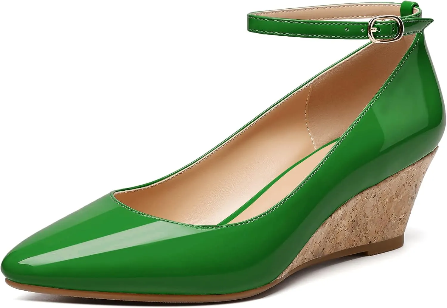 YODEKS Women's Wedge Pump Mid Heel Mary Jane Pointed Toe Shoes with Ankle Strap for Evening Party Dress Casual