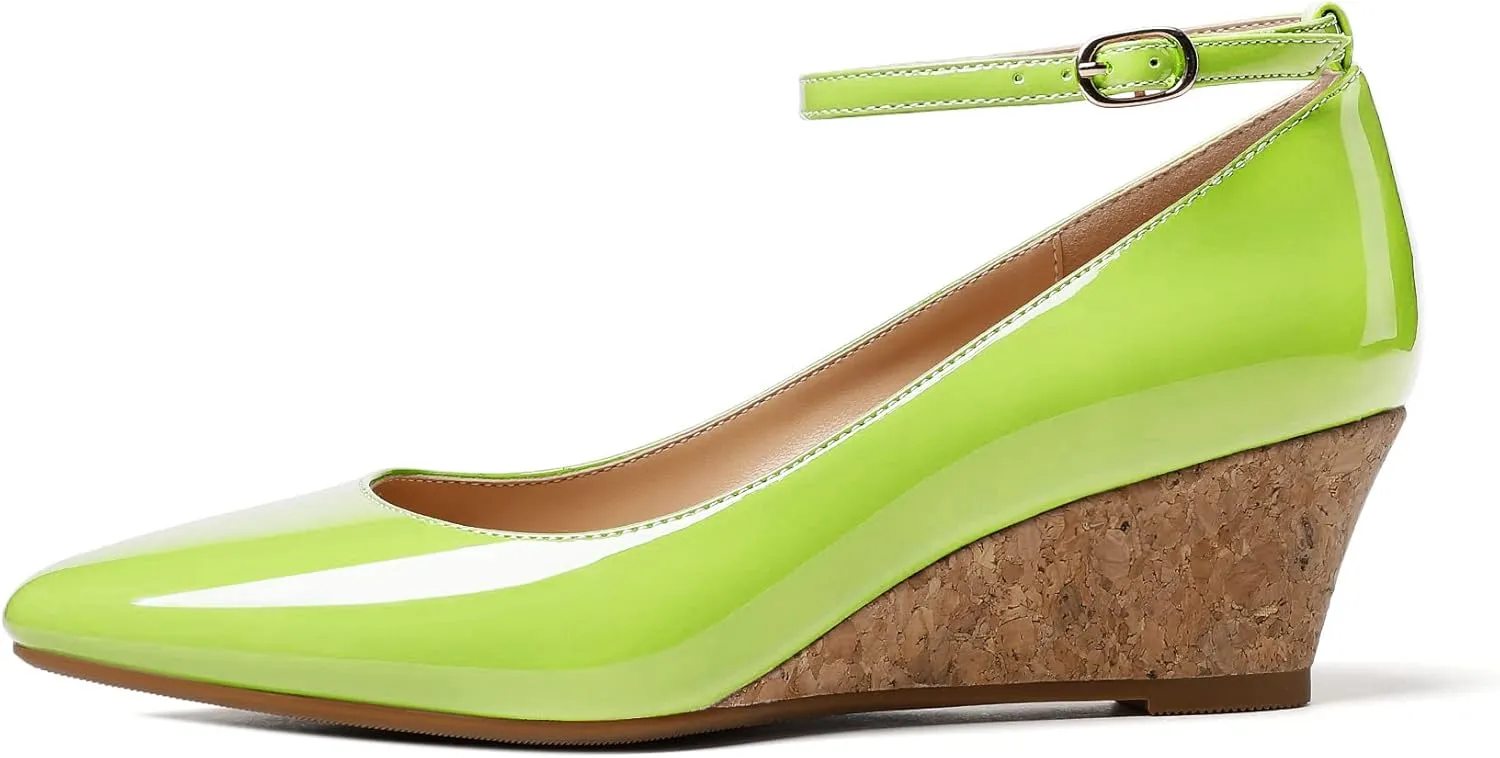 YODEKS Women's Wedge Pump Mid Heel Mary Jane Pointed Toe Shoes with Ankle Strap for Evening Party Dress Casual