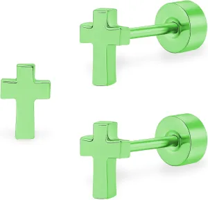 ZDE Women Earrings Flat Back Cross Earrings Small Religious Faith Earrings Titanium Hypoallergenic Cartilage Earrings Studs for Sensitive Ears Screw On Stud Earring