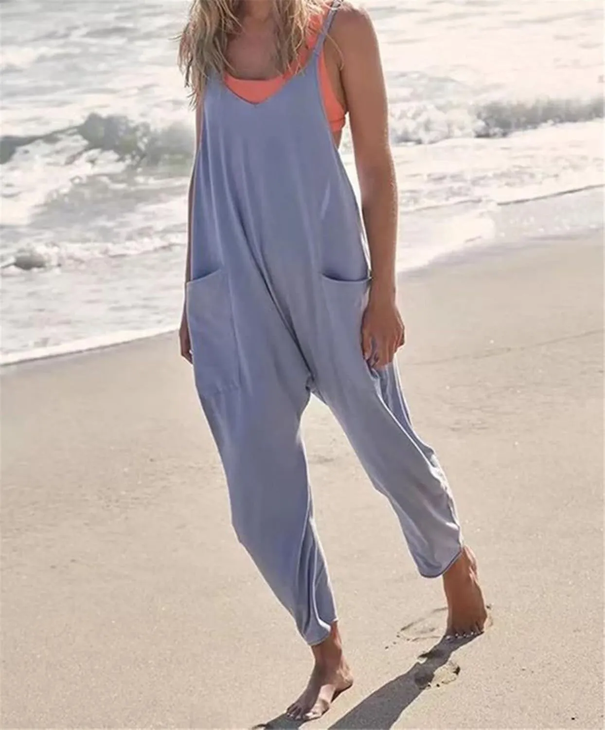 ZWRXW One Piece Jumpsuits for Women V Neck Sleeveless Jumpsuits Spaghetti Straps Harem Long Pants Romper Overalls with Pocket