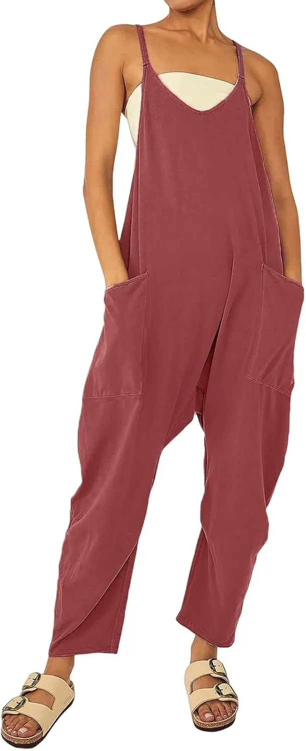 ZWRXW One Piece Jumpsuits for Women V Neck Sleeveless Jumpsuits Spaghetti Straps Harem Long Pants Romper Overalls with Pocket