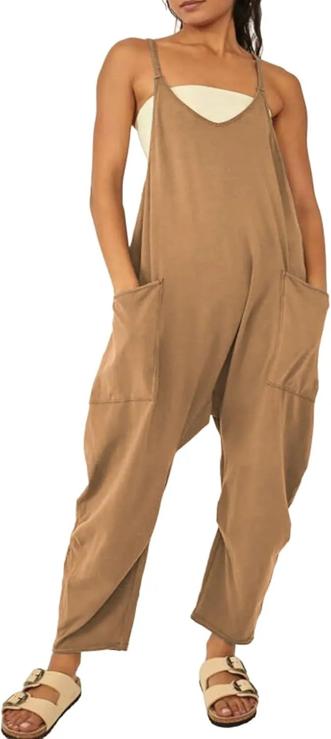 ZWRXW One Piece Jumpsuits for Women V Neck Sleeveless Jumpsuits Spaghetti Straps Harem Long Pants Romper Overalls with Pocket