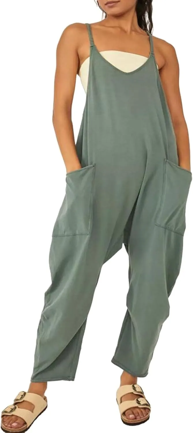 ZWRXW One Piece Jumpsuits for Women V Neck Sleeveless Jumpsuits Spaghetti Straps Harem Long Pants Romper Overalls with Pocket